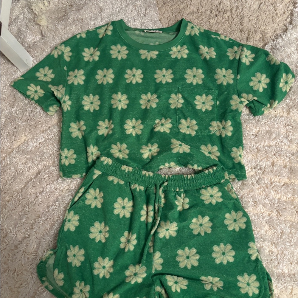 Green Floral Terry Cloth Lounge Set